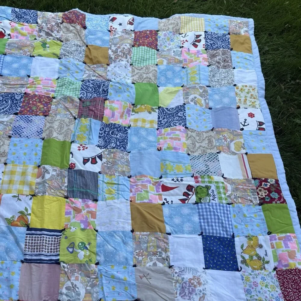 Vintage Handmade Patchwork Tied Quilt Blanket Multicolor 84x70 Throw Floral Blue